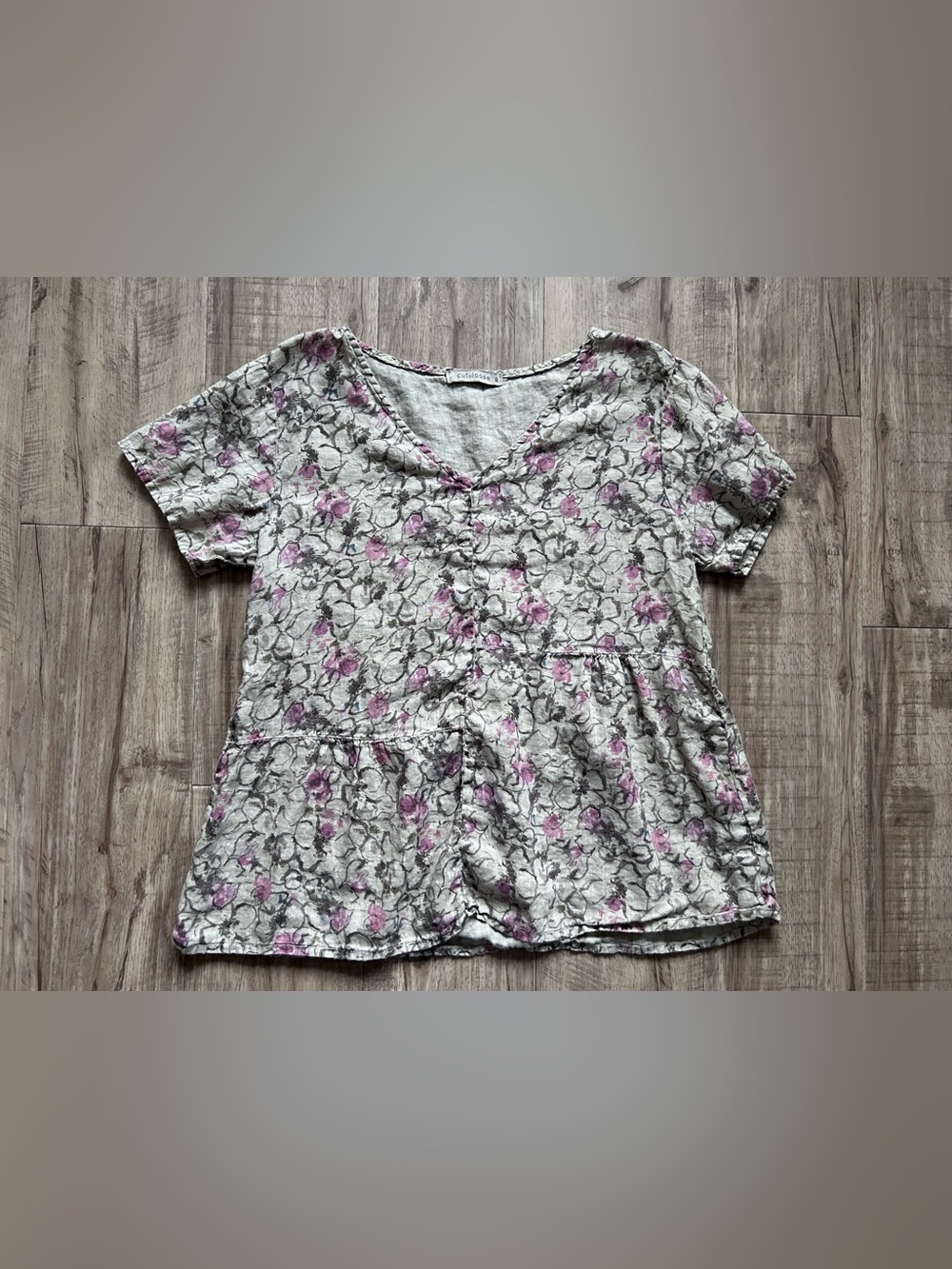 Linen Floral V-Neck Peplum Top — Pink Floral